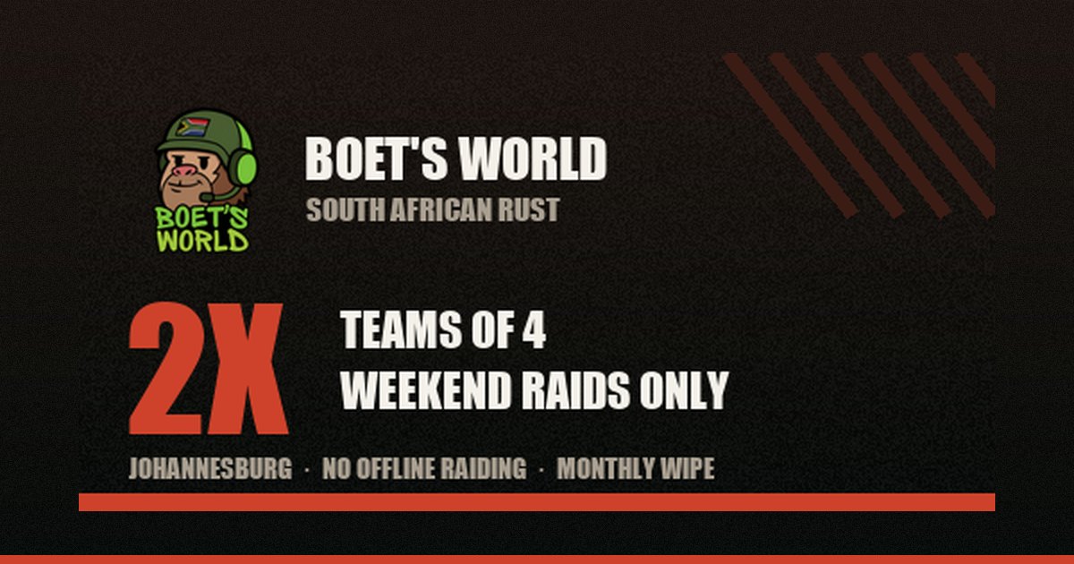 Boet&rsquo;s World Rust: 2x, teams of 4, weekend raids only